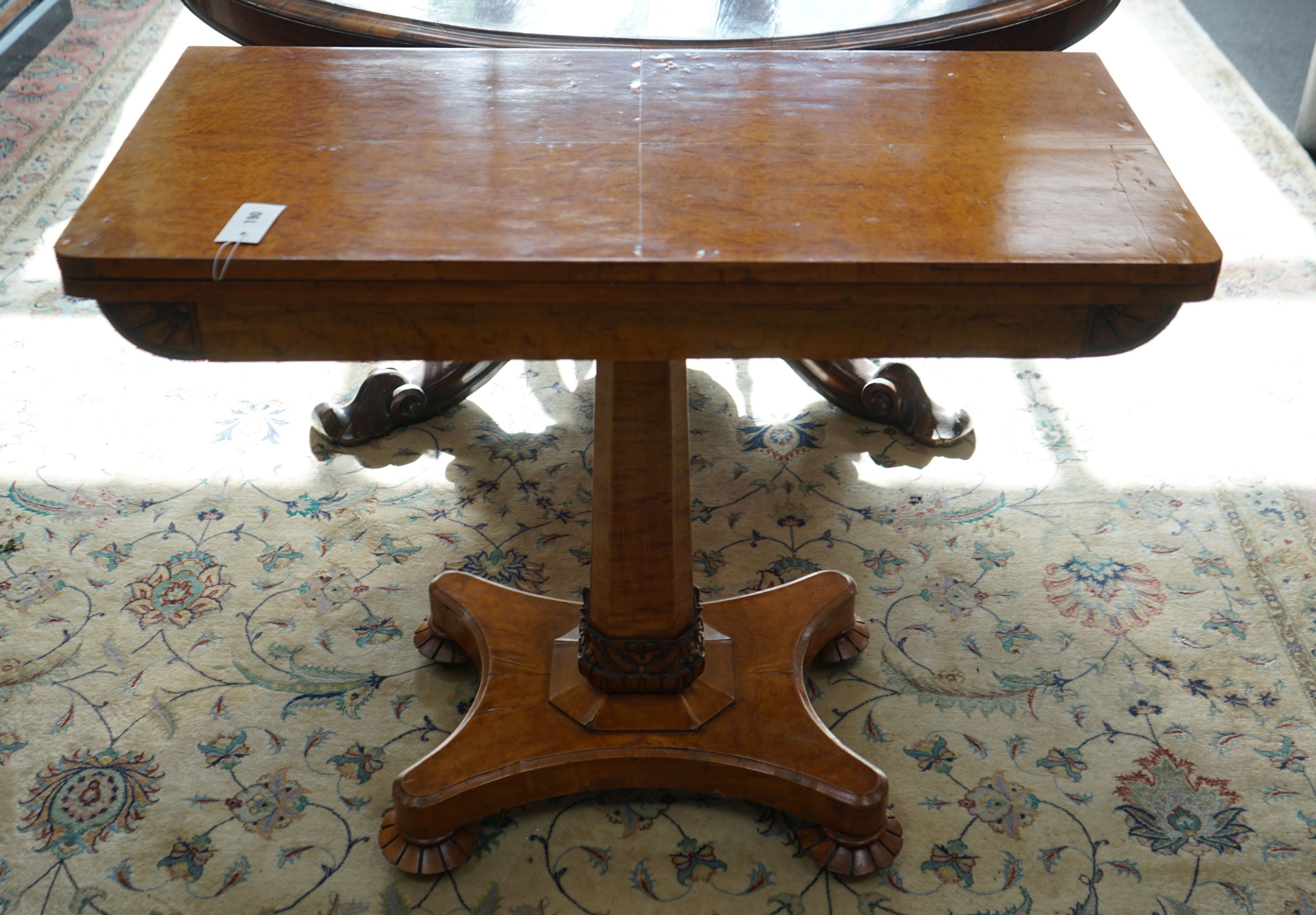 A William IV birds-eye maple card table on octagonal column, W 92, D 45, H 74 cm